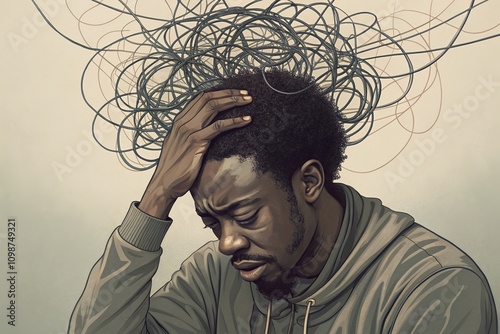 A man overwhelmed by overthinking, his hair tangled in wires symbolizing mental chaos.