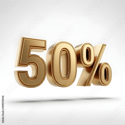 3D bold text showing '50%' in metallic gold, featuring a luxurious finish with subtle rim lighting and a floating shadow, isolated against a pure white solid background. A modern, high-quality promoti photo