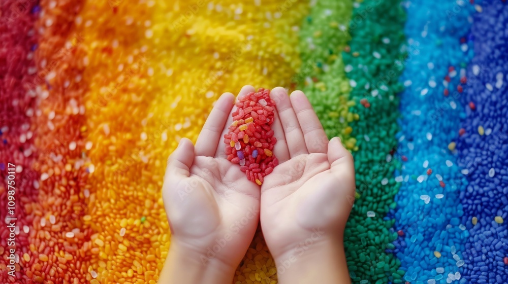 Child's hands exploring blue sensory rice on a rainbow-colored rice ...