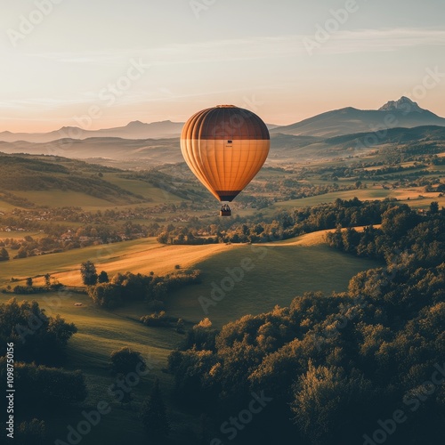 A person enjoying a hot air balloon ride at sunrise, soaring over scenic valleys. Shot with Zeiss Batis 18mm f/2.8, capturing the serene view with soft reflections and breathtaking beauty. photo