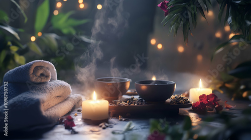 A luxurious spa arrangement with steaming bowls, lit candles, and natural greenery, offering a warm and relaxing ambiance.