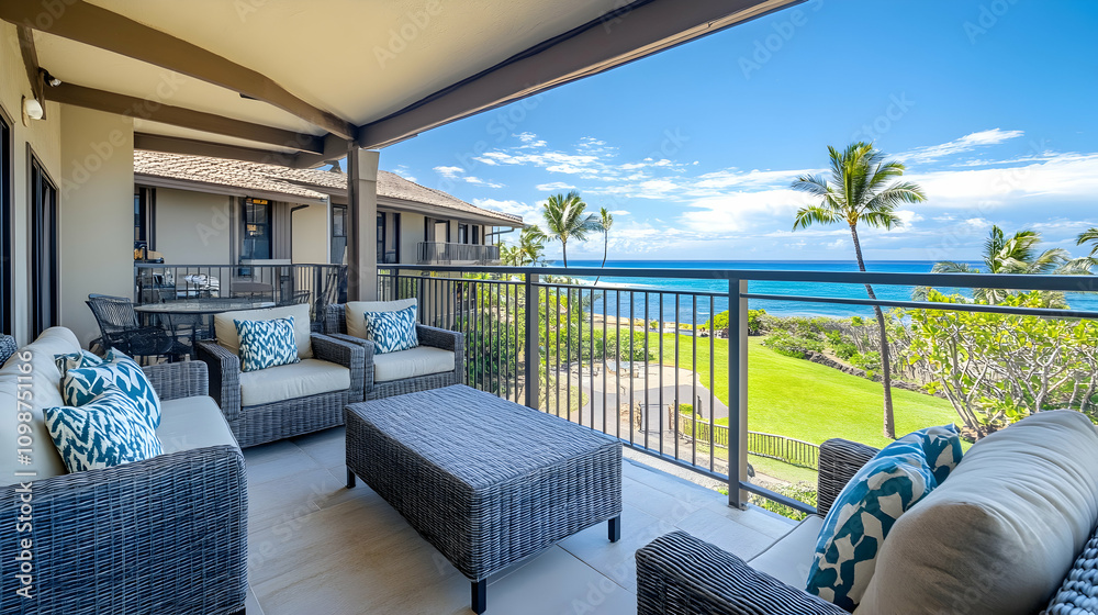 Fototapeta premium A coastal balcony with wicker seating, vibrant cushions, and lush greenery, overlooking a sunny lawn and ocean view.