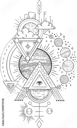 Planets, sun, moon, and eye of providence are merging with alchemic symbols, geometric shapes, and esoteric signs, creating a fascinating monochrome artwork