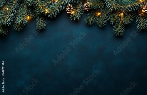 This is a beautiful christmas background with a close up of a green fir tree brunch. Copy space, trendy moody dark toned design for seasonal quotes. Vintage December wallpaper. Vintage January photo