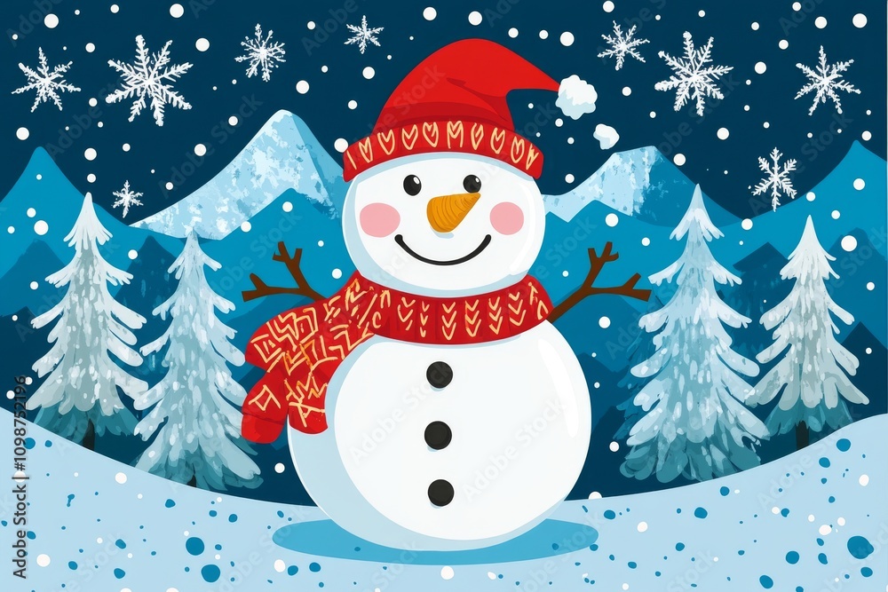 Fototapeta premium Snowman set against the background of forest and mountains in snowy weather. Beautiful winter landscape. Christmas design.