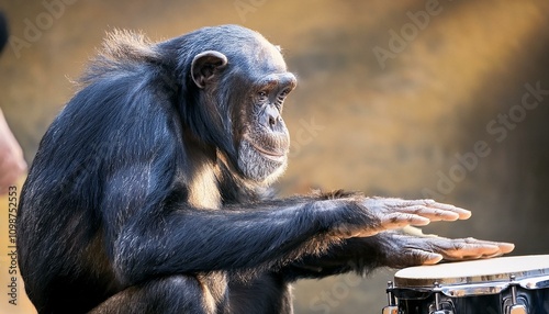 chimpanzee banging on the bongos, AI generated photo