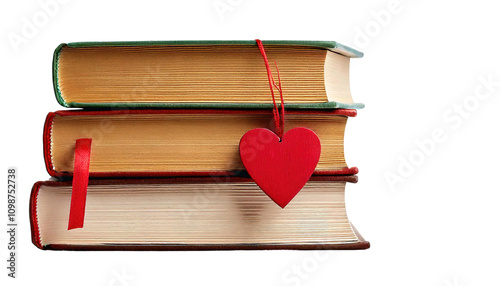 Charming Stack of Books with Love Themes and a Heart-Shaped Bookmark on Transparent Background PNG Stack of Love-Themed Books with Heart Bookmark