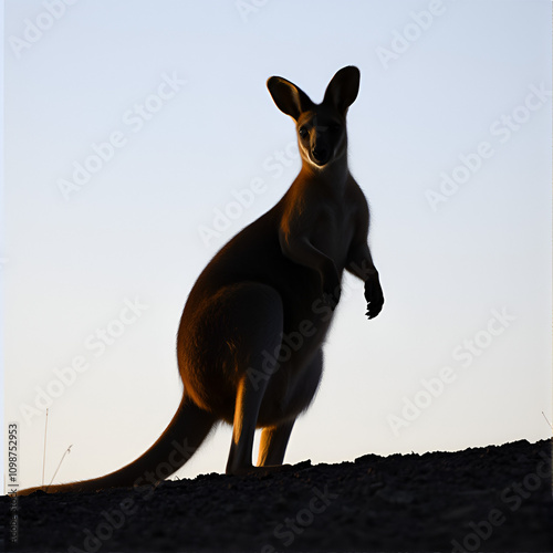 Common Wallaroo - Osphranter robustus also called euro or hill wallaroo, mostly nocturnal and solitary, loud hissing noise, sexually dimorphic, like most wallaroos, silhouette in evening photo