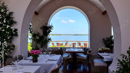 Beautiful white alcove at lake restaraunt at Russia, Ryazan. photo