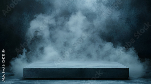 Gray Textured Concrete Platform with Smoke in Dark Abstract Backdrop