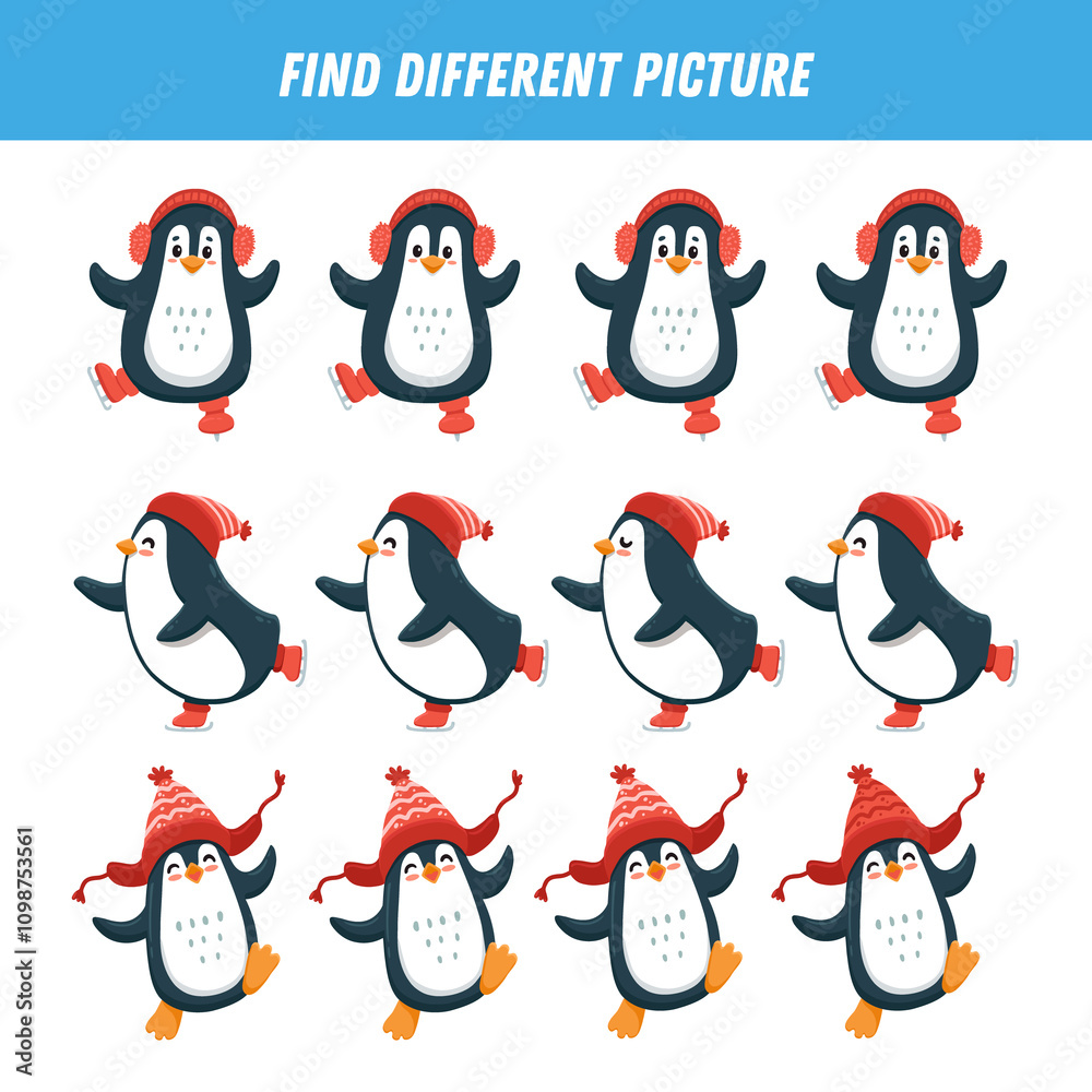 Obraz premium Find different picture each row. Logical game with penguins for kids. Cartoon character. Educational game. Activity page with funny penguin. 