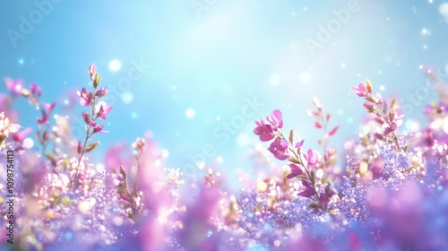 Blooming Flowers And Sky - Spring Background With Defocused abstract Light