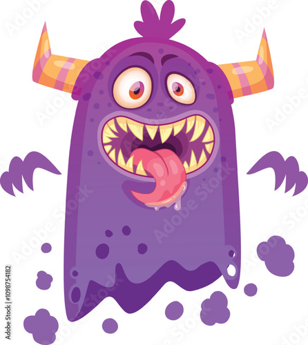 Funny purple cartoon monster sticking its tongue out, showing sharp teeth and open mouth, with orange and yellow horns and purple spots, ideal for halloween projects