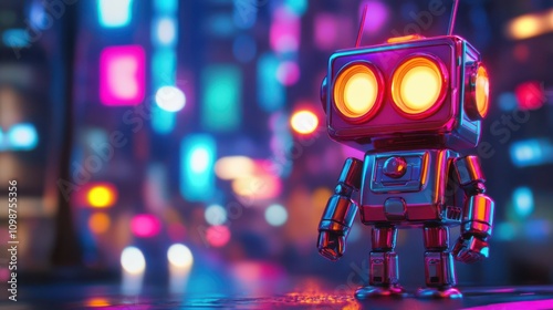 Closeup of a gashapon robot toy with vibrant neon colors, blurred neon-lit city background, 3D vector illustration with glowing accents, cool lighting creating reflections and contrasts, futuristic