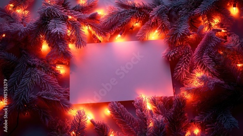 An illuminated card surrounded by snowy pine branches and bright lights. Perfect backdrop for winter greetings