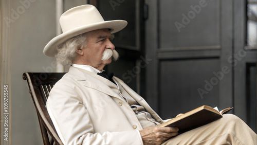 Portrait von Mark Twain in hellem Anzug und Hut, sitzend mit Buch in den Händen. Profil. Im Stil einer colorierten Fotografie photo