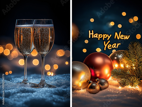 A couple of sparkling wine glasses in snow. A couple of christmas ornaments and a pine spurs and a text that says Happy new year. photo