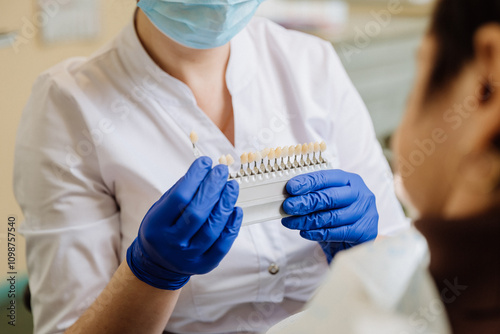 Dentist selecting a shade for dental veneers to ensure a perfect match for the patient's teeth photo