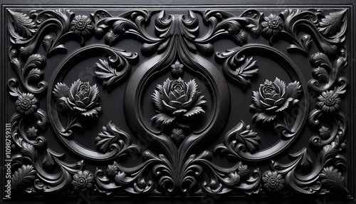 intricate black ornamental floral pattern with embossed roses and decorative curves, perfect for luxury designs, gothic themes, or elegant vintage backgrounds.