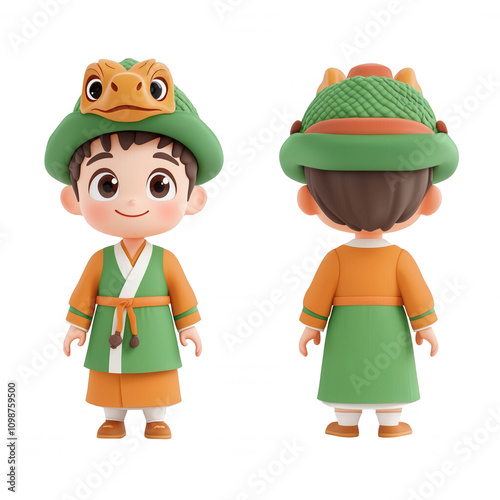 Cute cartoon character in a colorful traditional outfit with a unique hat. photo