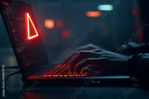 Warning alert for a hacked system on your notebook (laptop). Your computer network is under a cyber attack by viruses, spyware, malware, or malicious software. This involves cyber security issues and