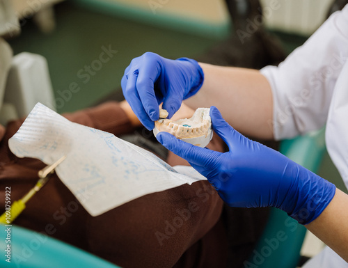 Dentist examining a dental mold for precise treatment planning during patient consultation photo