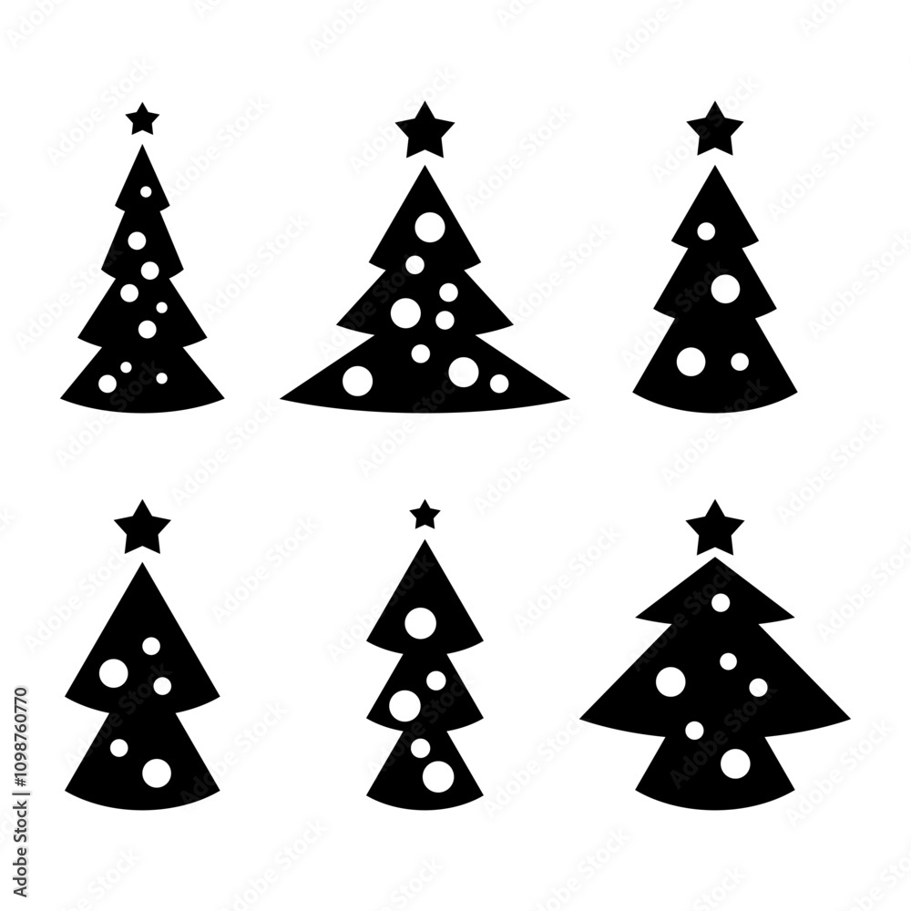 Obraz premium Set of Christmas tree symbols. Christmas tree black icons. Flat design in cartoon style. Vector illustration isolated on white background.