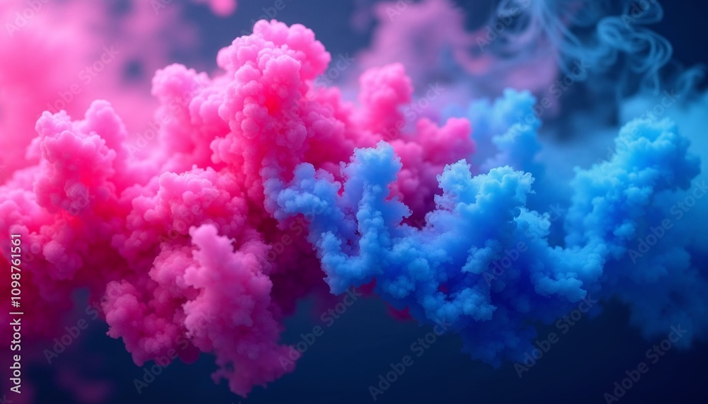 Fototapeta premium vibrant pink and blue smoke clouds merging on dark background, dreamy ethereal abstract design for creative projects and artistic inspiration.