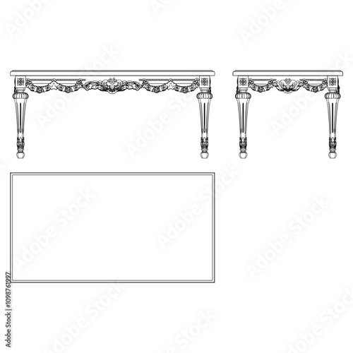 Coffee table for the living room hand-painted in different sizes and types, Elegant baroque and classical designs. Vector Illustration with Front, Side, and Top Views