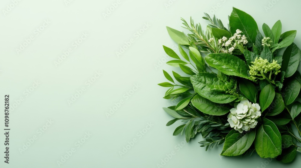 Fototapeta premium Fresh Greenery Arrangement on Soft Mint Background for Nature Inspired Design and Wellness Themes