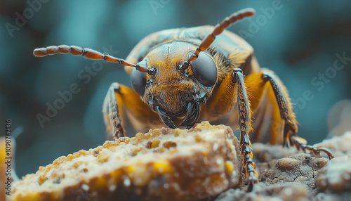 macro photo of a beetle pushing a breadcrum photo