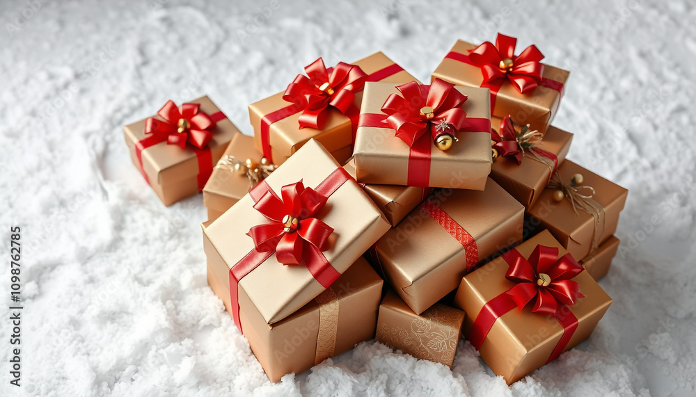 Obraz premium Red gift box with a gold bow, perfect for Christmas or birthday present