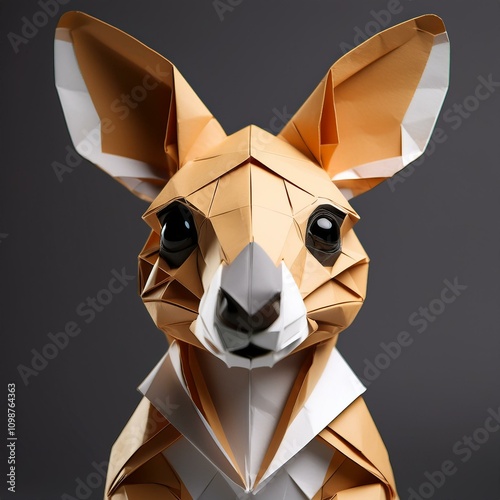 A cute origami kangaroo in a kawaii style, crafted from paper with intricate folds and adorable details, set against a clean white background, perfect for art, craft, and playful design projects. photo