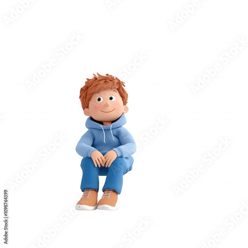 A cheerful cartoon boy sitting comfortably, showcasing a friendly demeanor.