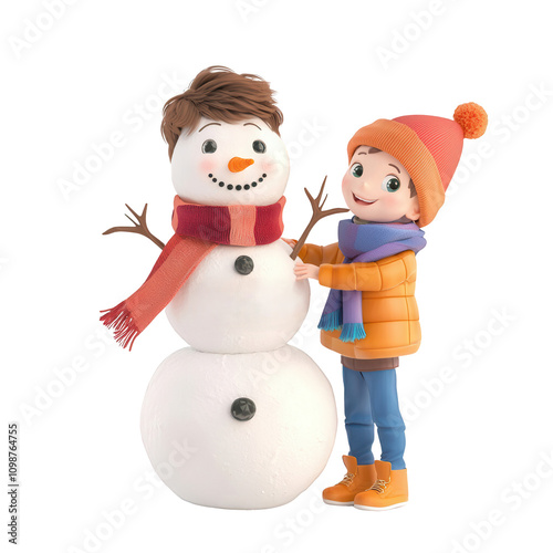 A cheerful child building a snowman, enjoying winter fun and creativity in the snow., isolated on a transparent background.