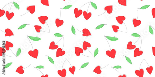 Seamless pattern with abstract line silhouettes of cherries in the shape of a heart. Berry print. Vector graphics.