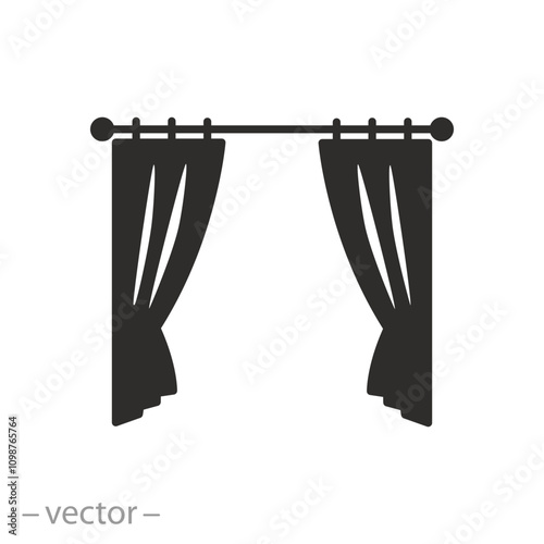 open window blind, theatre curtain icon, fabric decoration home, flat vector illustration