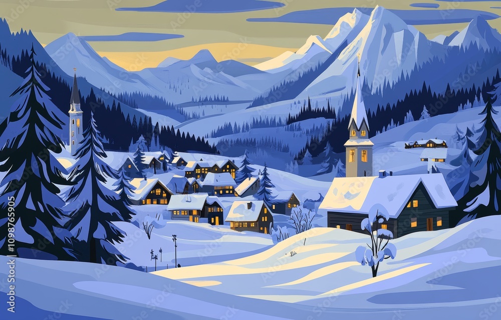 Fototapeta premium December 28, 2019 - St. Anton am Arlberg, Austria with an amazing afternoon winter sky and snowy mountains framed by pine trees.