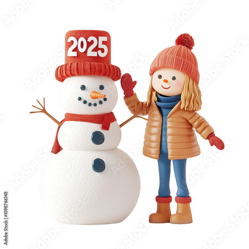 A cheerful girl with a snowman, celebrating the arrival of 2025 in winter attire., isolated on a transparent background.