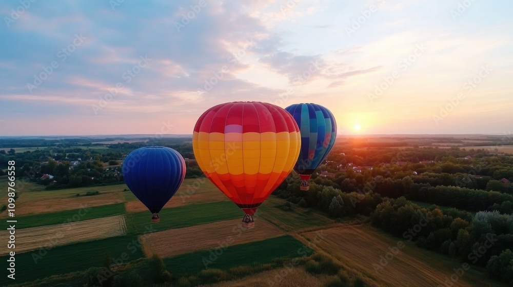 Fototapeta premium Colorful Hot Air Balloons Flying Over Scenic Landscape at Sunrise with Vibrant Sky and Fields Below