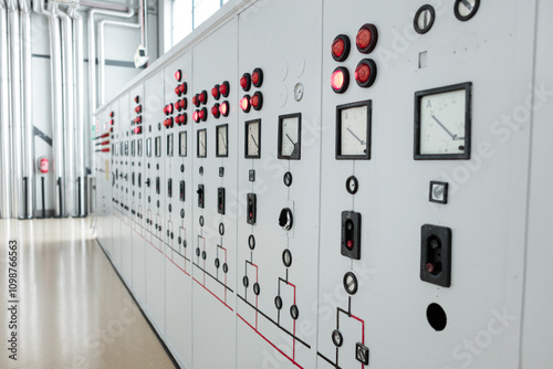 Row of Indicator Boards in the Power Plant a series of analog meters and control indicators on the control room wall