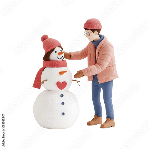 A couple joyfully building a snowman during winter, showcasing love and creativity., isolated on a transparent background.
