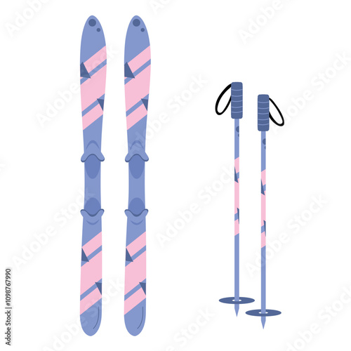 Blue and pink pair of skis and poles isolated on white background. Hand drawn vector illustration in flat style. Winter mountain sport equipment. Web icon, sticker design, drawing