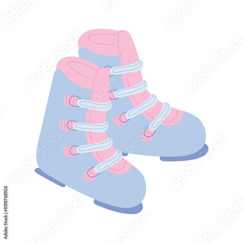 Blue and pink plastic ski boots isolated on white background. Hand drawn vector illustration in flat style. Concept of winter sports, mountain skiing equipment. Pair of ski boots