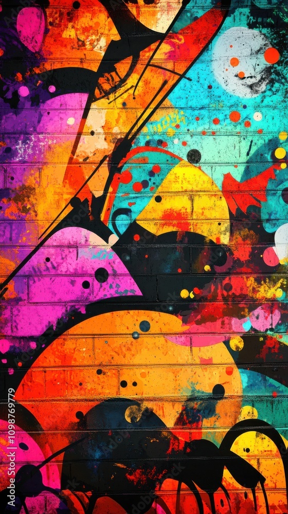 Obraz premium Vibrant graffiti art featuring a mix of colorful abstract shapes and bold patterns on a brick wall.