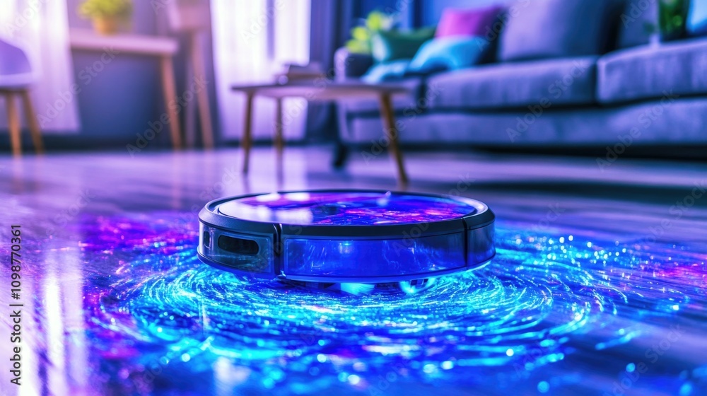 Obraz premium Advanced robot vacuum cleaning a modern living room with colorful led lights