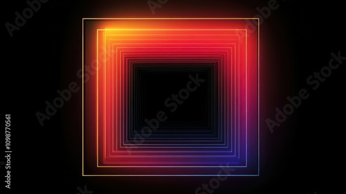 dark black square against a radiant vibrant gradient backdrop. Geometric silhouette surrounded by mysterious neon light. Black hole with ambiance light effect photo