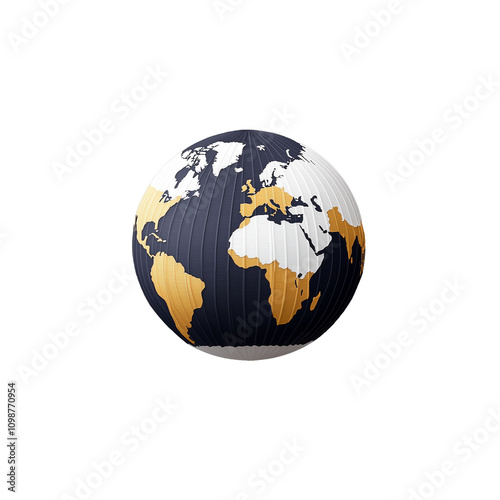 3D globe with golden continents and dark oceans on transparent background
