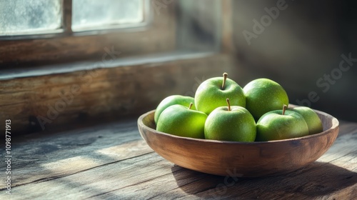 Fresh green apples in a wooden bowl on a wooden table witj copy space. Healthy eating photo