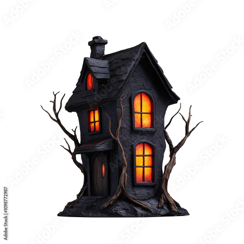 Spooky haunted house with glowing windows and twisted branches on transparent background